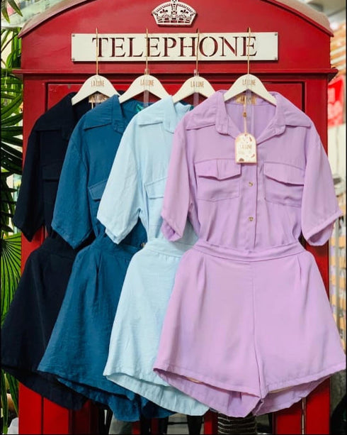 LALUNE Two Piece Collar Shirt with Shorts